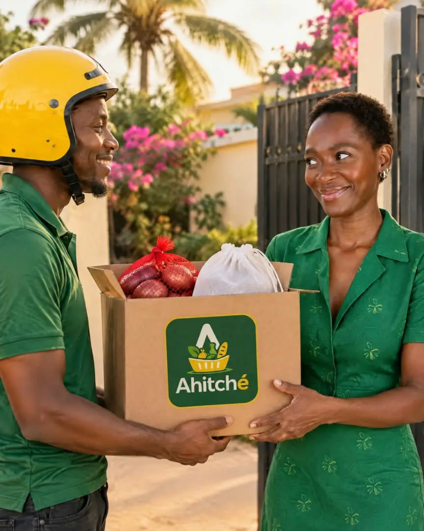 Un client reçoit son pack Ahitché à sa porte, emballage avec logo visible